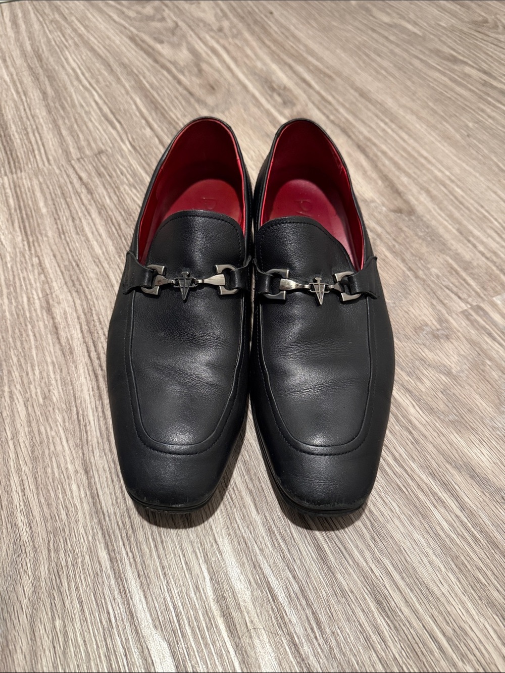 Men's Black Genuine Leather Slip-On Loafers with Red Interior and Silver Bit